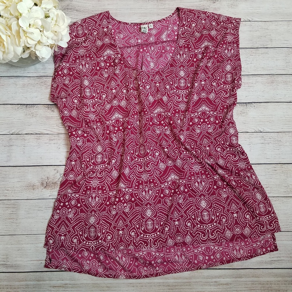 14th & Union Dot Pattern Burgundy Blouse Sz XL
